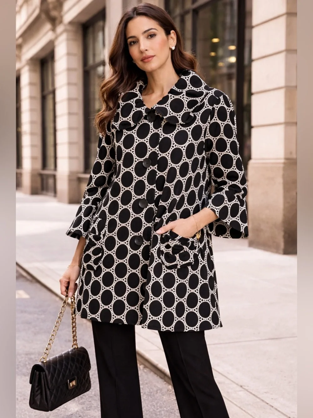 Damee Inc Black and White Oval Dot Long Sleeve Dress Coat - Picture 9 of 9